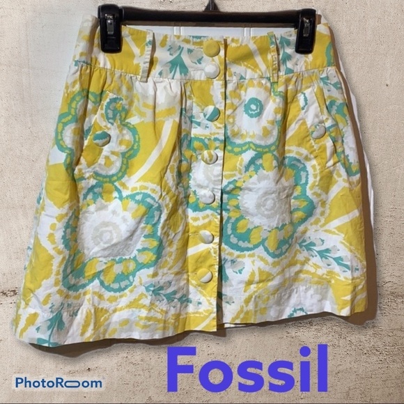 Fossil Lined Yellow, Sea-Green, & White Floral Button Down Skirt Size 2 - Picture 1 of 8